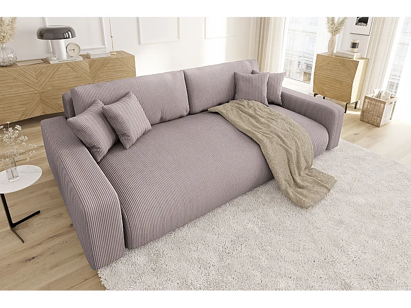 Emma - Sofa mit Schlaffunktion und Bettkasten in Puderrosa Cord-Stoff schöner Sitzkomfort