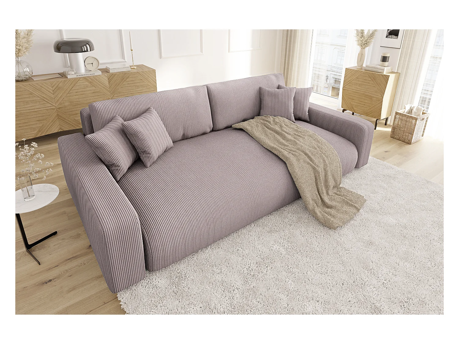 Emma - Sofa mit Schlaffunktion und Bettkasten in Puderrosa Cord-Stoff schöner Sitzkomfort