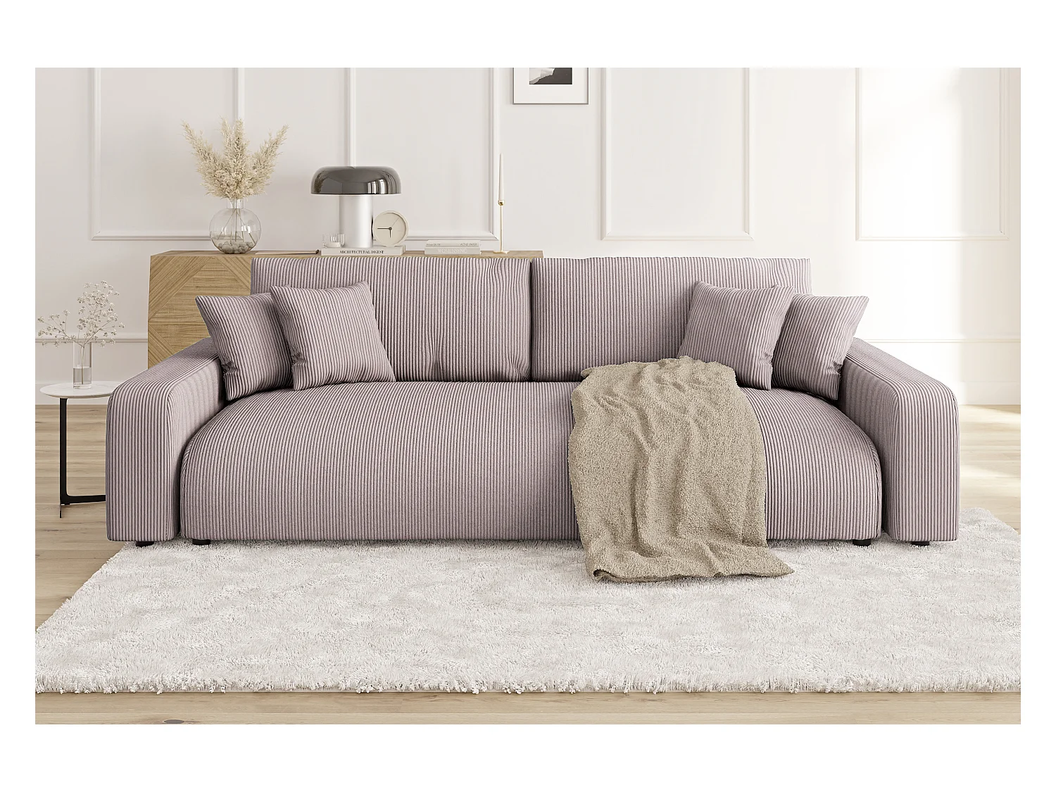 Emma - Sofa mit Schlaffunktion und Bettkasten in Puderrosa Cord-Stoff schöner Sitzkomfort