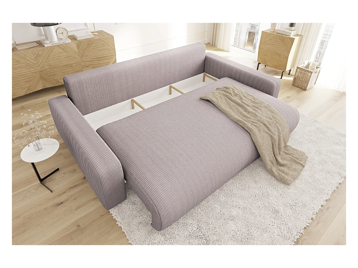 Emma - Sofa mit Schlaffunktion und Bettkasten in Puderrosa Cord-Stoff schöner Sitzkomfort