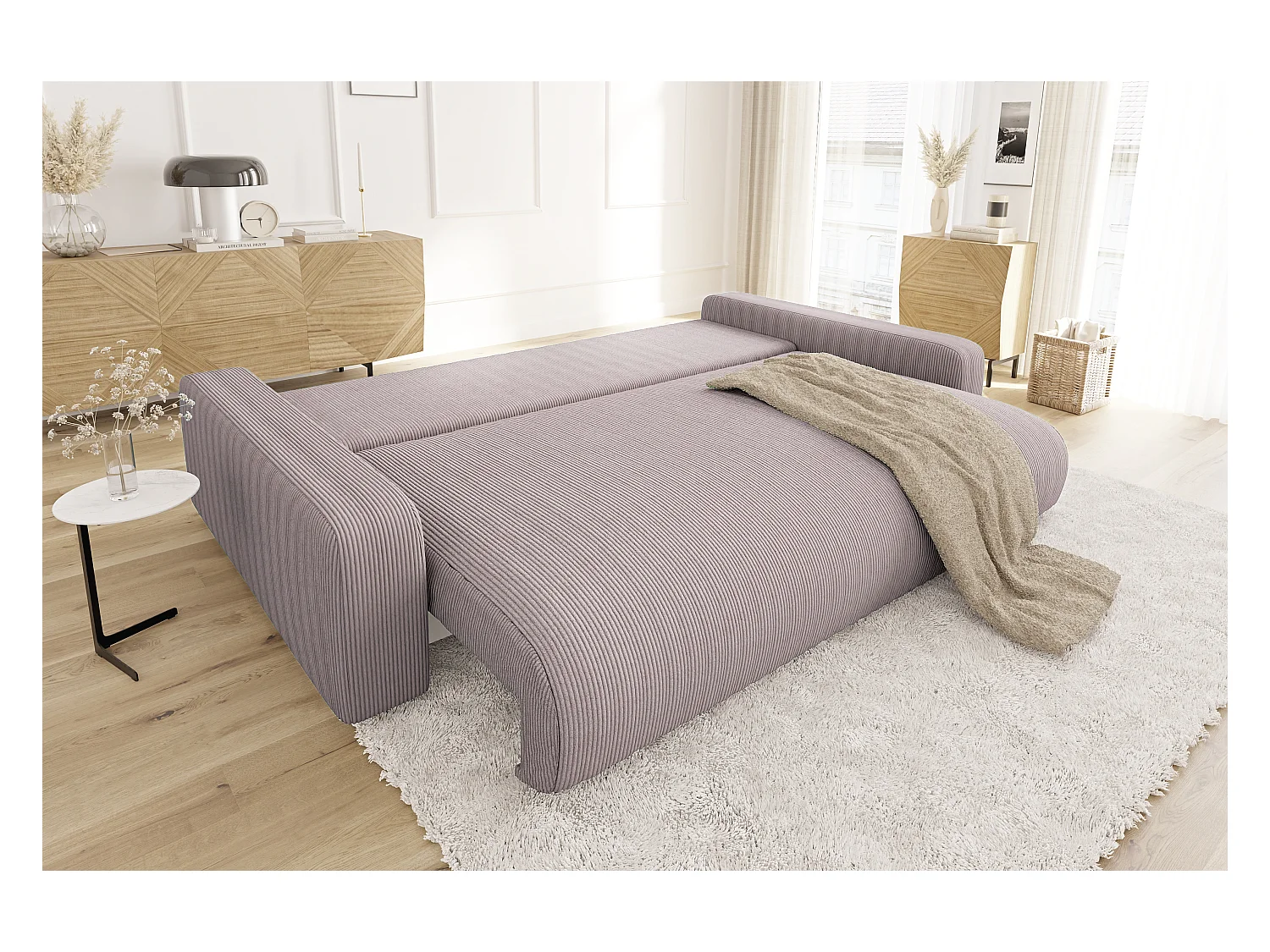 Emma - Sofa mit Schlaffunktion und Bettkasten in Puderrosa Cord-Stoff schöner Sitzkomfort