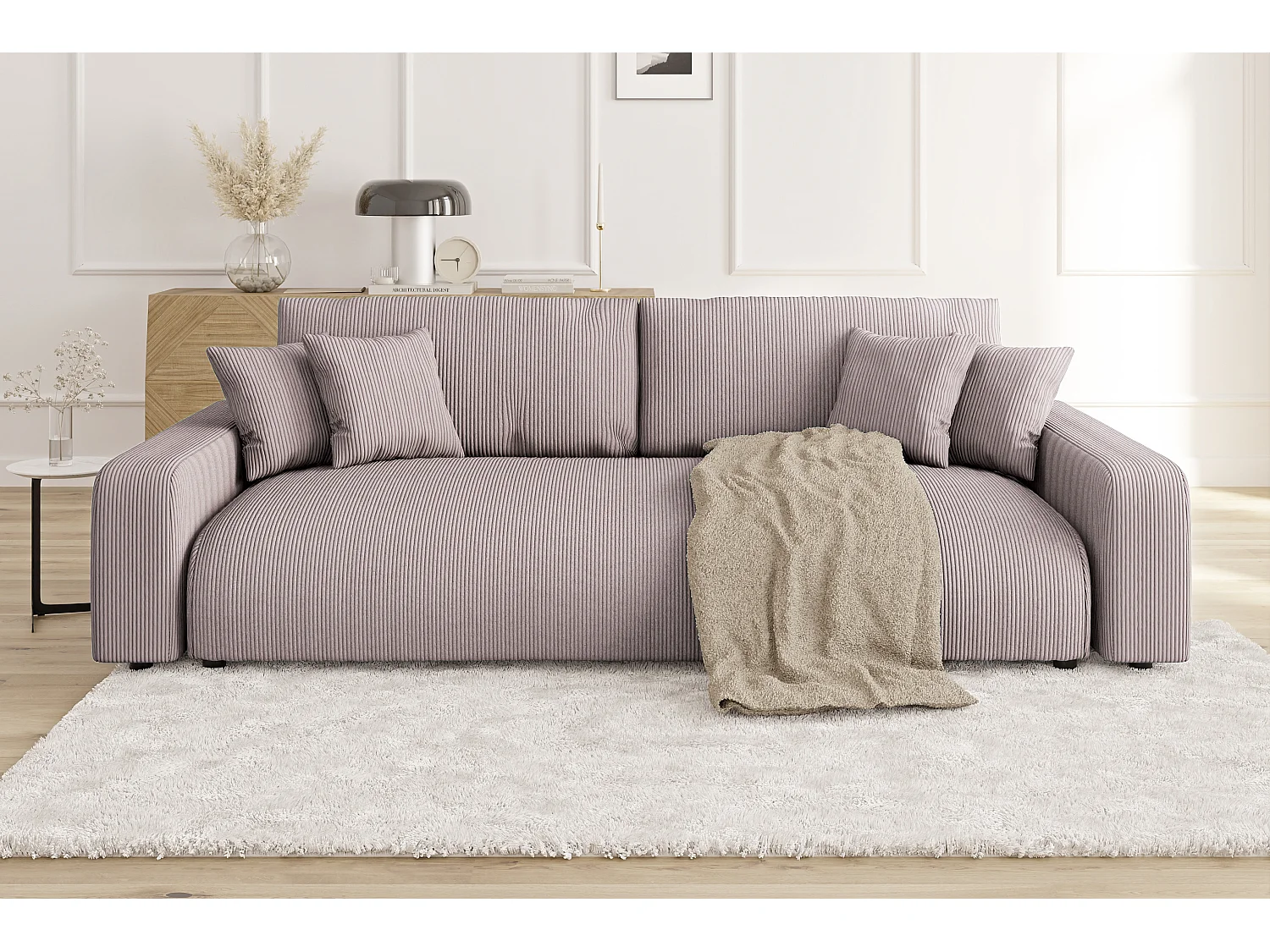 Emma - Sofa mit Schlaffunktion und Bettkasten in Puderrosa Cord-Stoff schöner Sitzkomfort