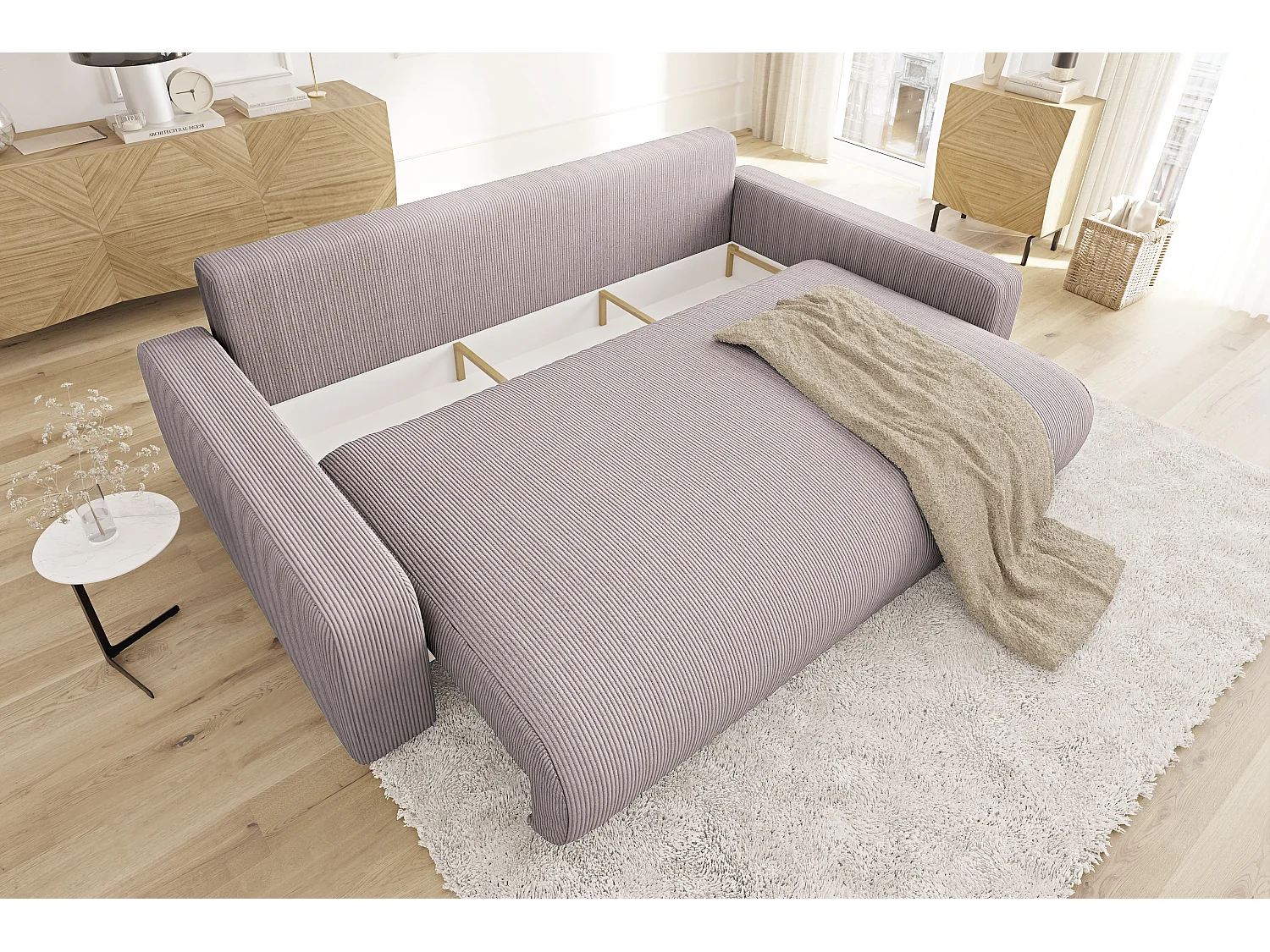 Emma - Sofa mit Schlaffunktion und Bettkasten in Puderrosa Cord-Stoff schöner Sitzkomfort