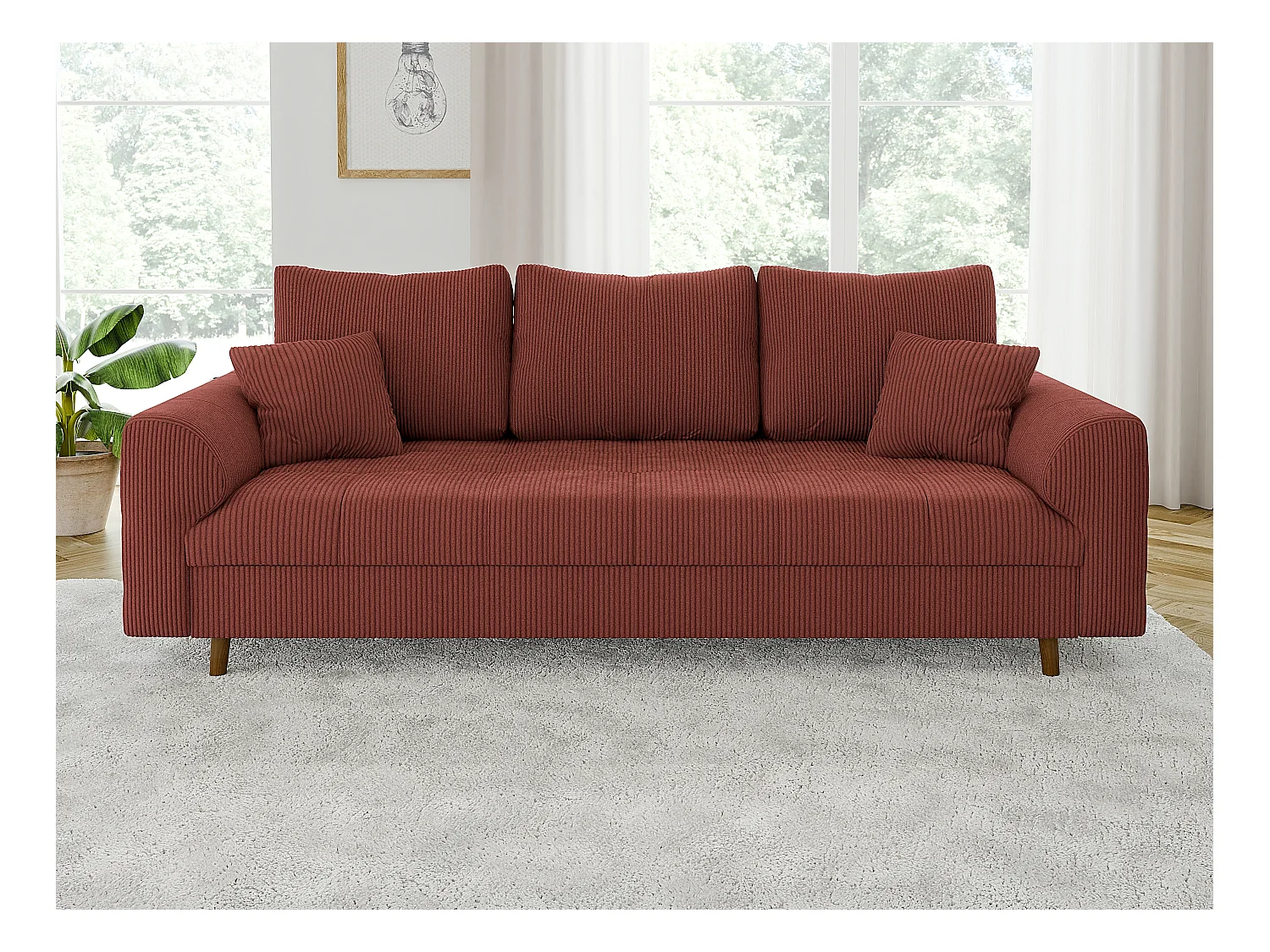 Jasper - Polstergarnitur 3+2+1 mit Braun Holzfüßen im skandinavischen Stil aus Terrcotta Cord-Stoff