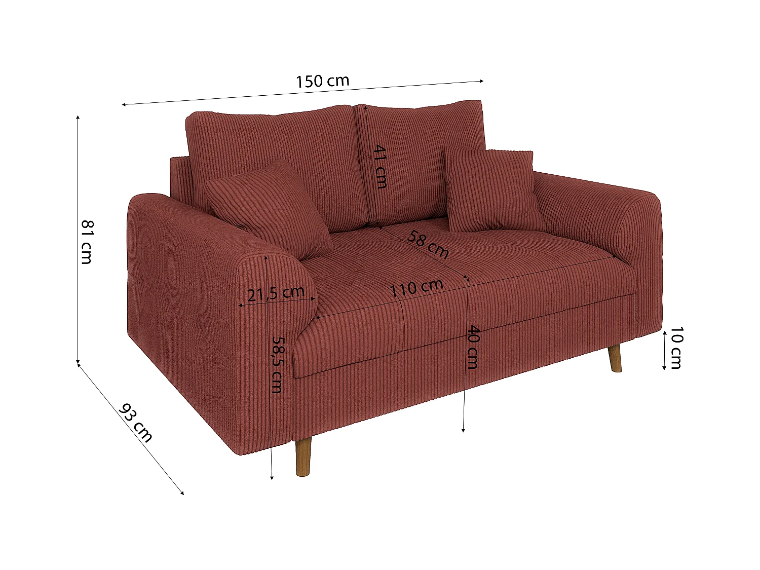 Jasper - Polstergarnitur 3+2+1 mit Braun Holzfüßen im skandinavischen Stil aus Terrcotta Cord-Stoff
