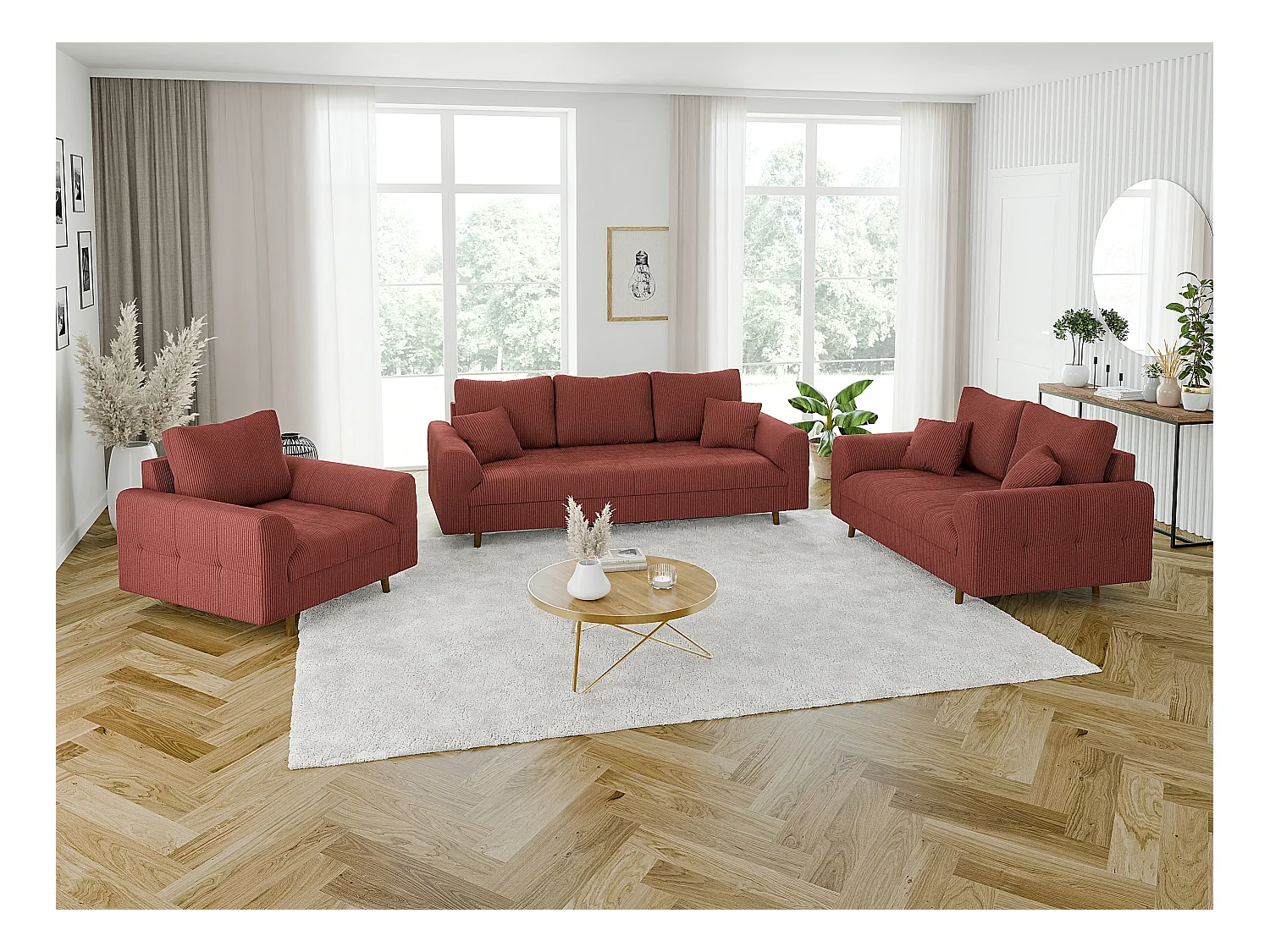 Jasper - Polstergarnitur 3+2+1 mit Braun Holzfüßen im skandinavischen Stil aus Terrcotta Cord-Stoff