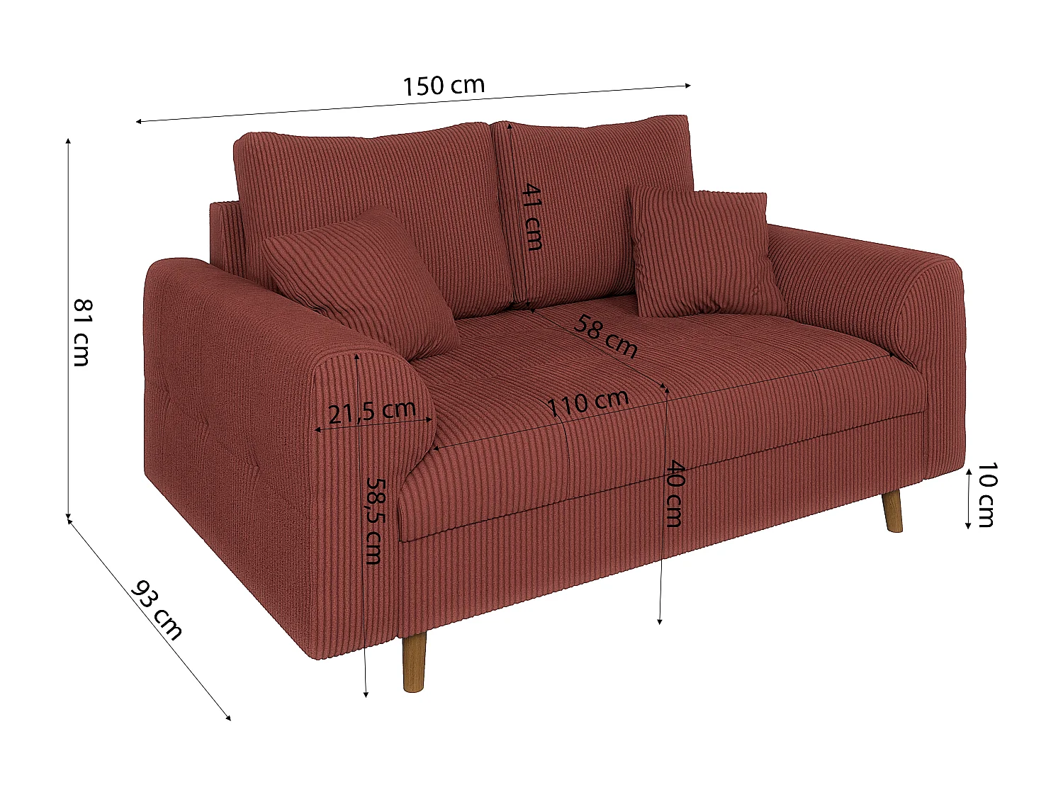 Jasper - Polstergarnitur 3+2+1 mit Braun Holzfüßen im skandinavischen Stil aus Terrcotta Cord-Stoff