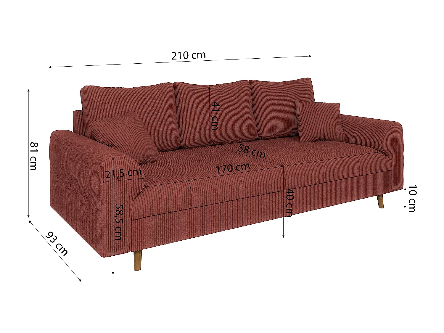 Jasper - Polstergarnitur 3+2+1 mit Braun Holzfüßen im skandinavischen Stil aus Terrcotta Cord-Stoff