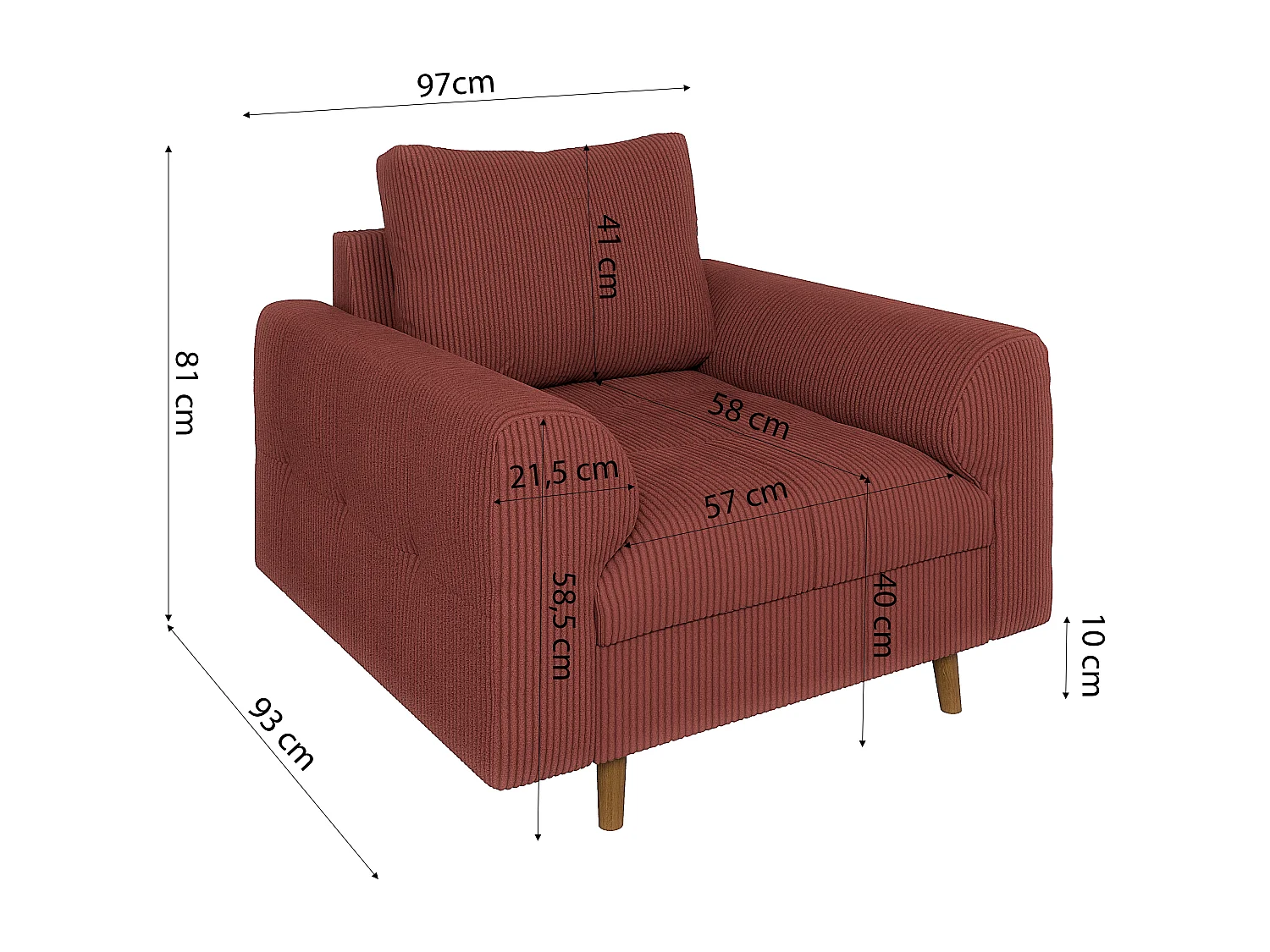 Jasper - Polstergarnitur 3+2+1 mit Braun Holzfüßen im skandinavischen Stil aus Terrcotta Cord-Stoff