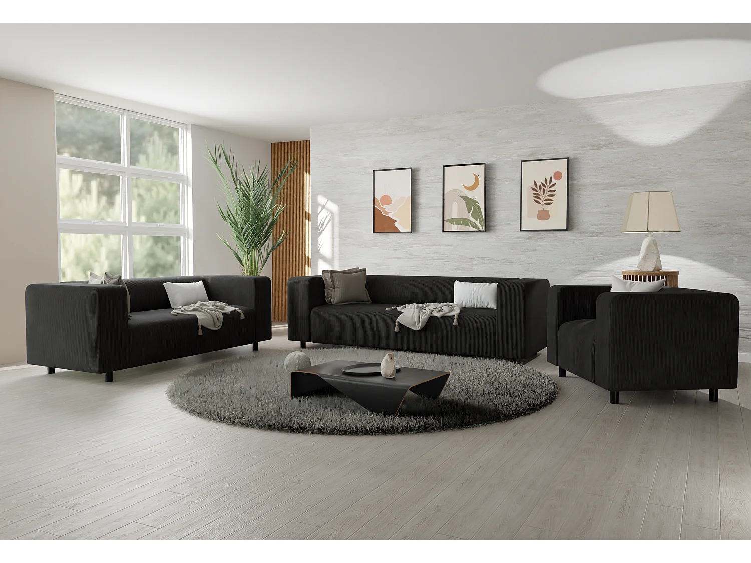 Ensemble de sièges moderne 3+2+1 en velours côtelé noir avec assise confortable THORA