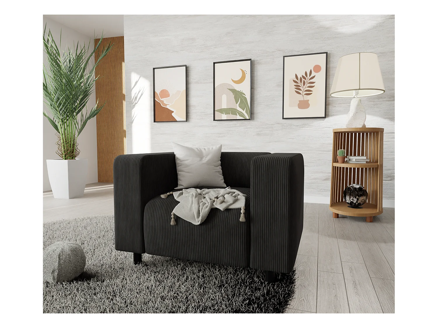 Ensemble de sièges moderne 3+2+1 en velours côtelé noir avec assise confortable THORA