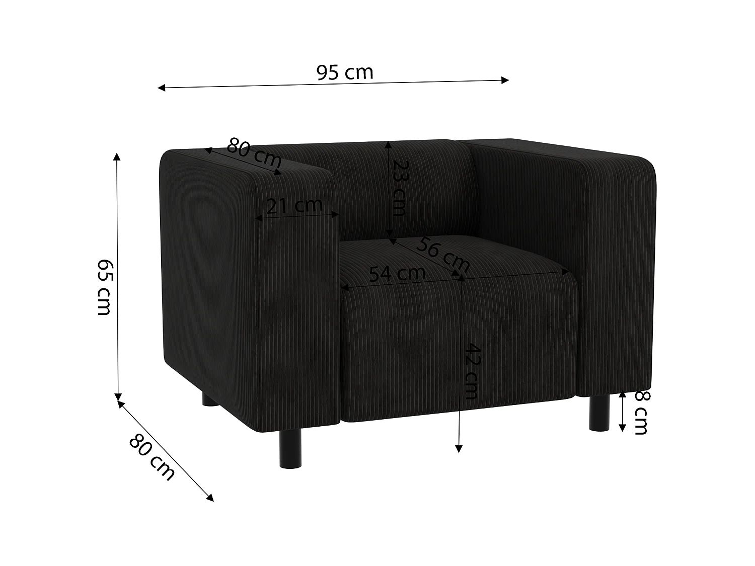 Ensemble de sièges moderne 3+2+1 en velours côtelé noir avec assise confortable THORA