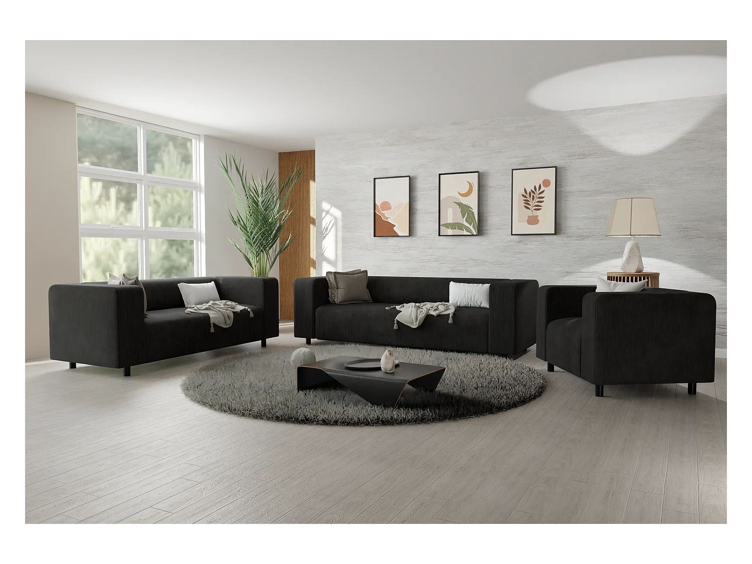 Ensemble de sièges moderne 3+2+1 en velours côtelé noir avec assise confortable THORA