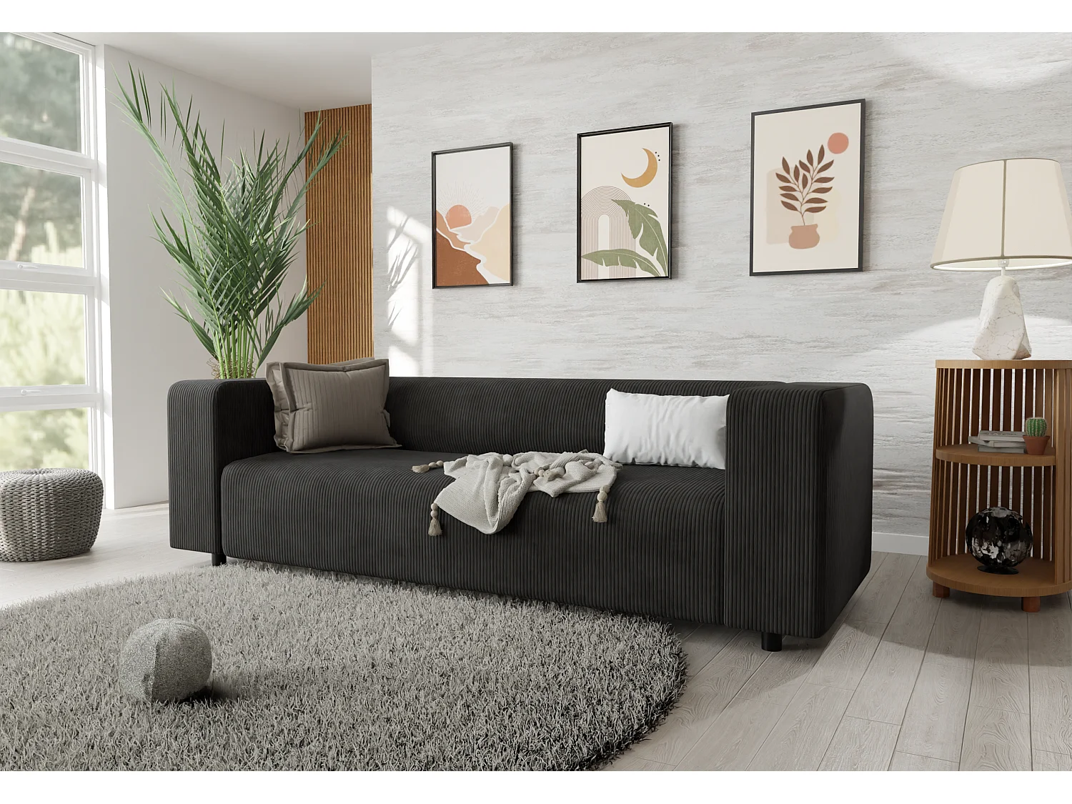 Ensemble de sièges moderne 3+2+1 en velours côtelé noir avec assise confortable THORA