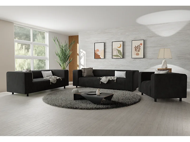 Thora - Modernes Polstergarnitur 3+2+1 aus Schwarz Cord-Stoff mit bequemem Sitz