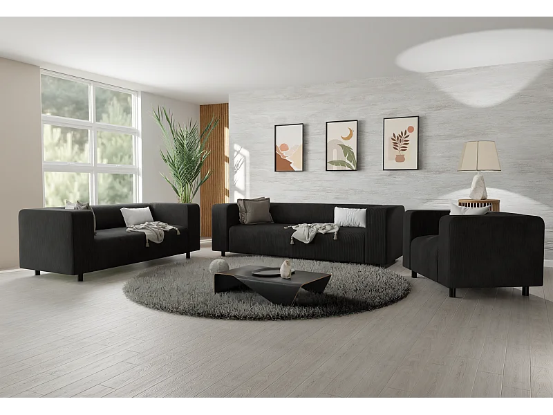 Ensemble de sièges moderne 3+2+1 en velours côtelé noir avec assise confortable THORA