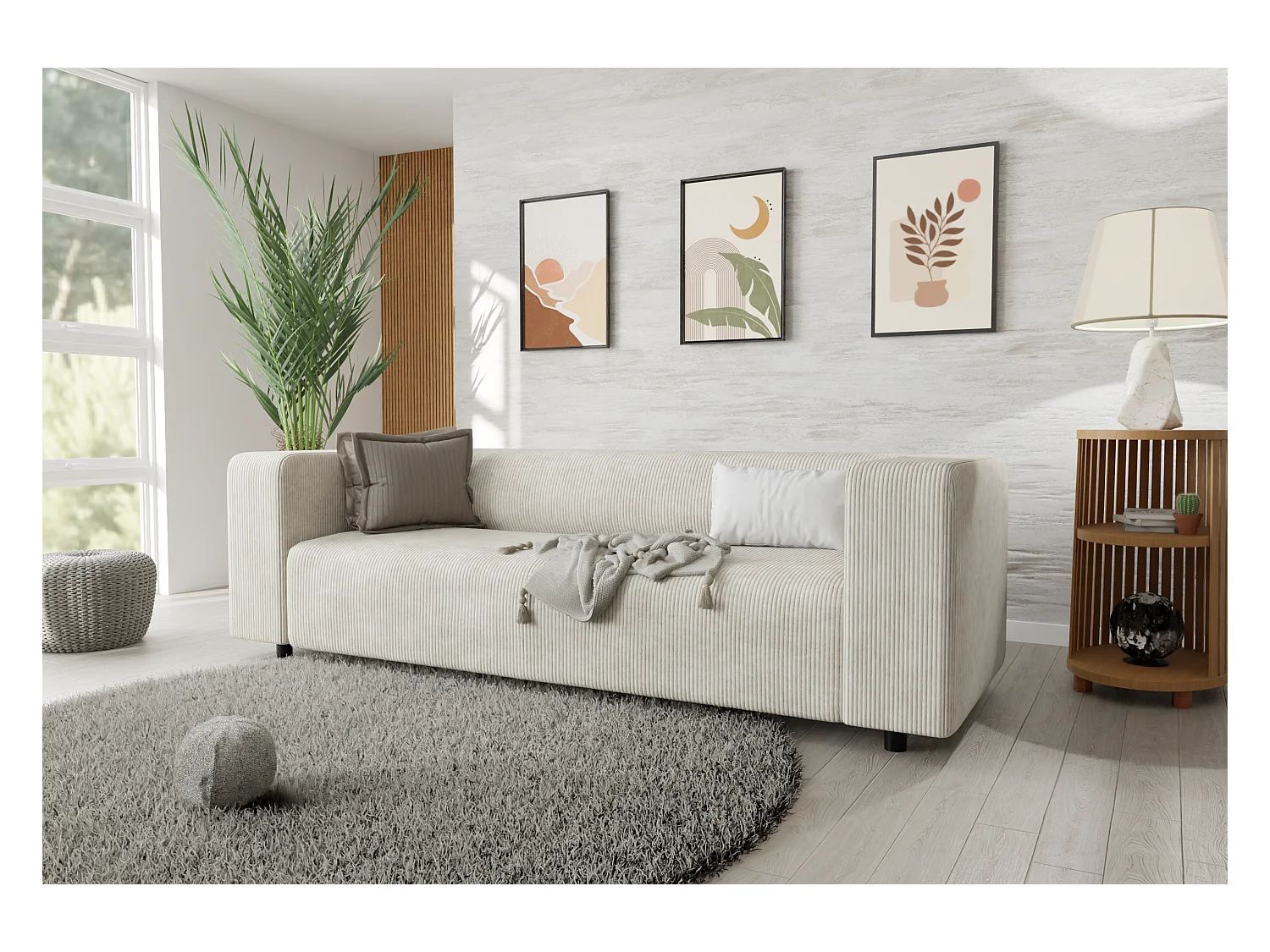 Canapé droit 3 places moderne en velours côtelé beige avec assise confortable THORA