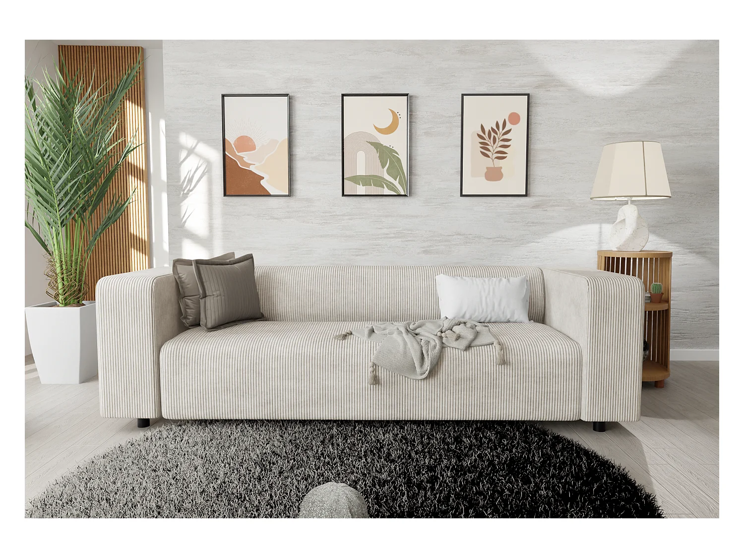 Canapé droit 3 places moderne en velours côtelé beige avec assise confortable THORA