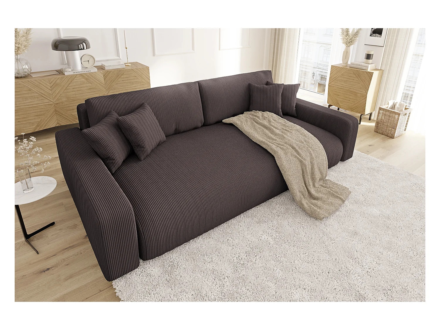 Emma - Sofa mit Schlaffunktion und Bettkasten in Dunkelbraun Cord-Stoff schöner Sitzkomfort