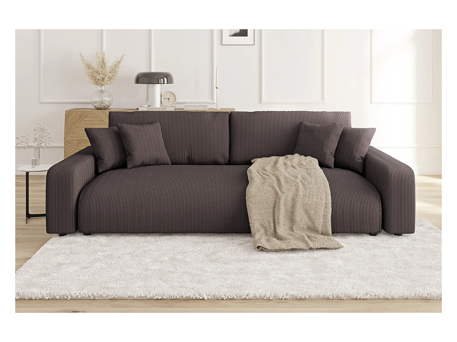 Emma - Sofa mit Schlaffunktion und Bettkasten in Dunkelbraun Cord-Stoff schöner Sitzkomfort