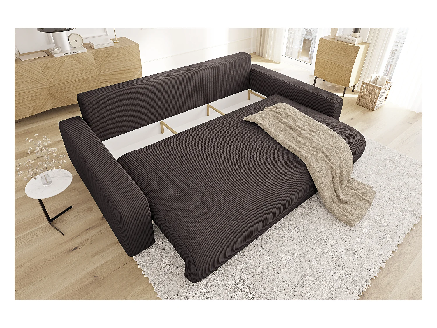 Emma - Sofa mit Schlaffunktion und Bettkasten in Dunkelbraun Cord-Stoff schöner Sitzkomfort