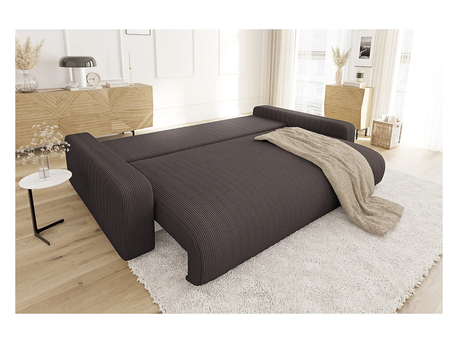 Emma - Sofa mit Schlaffunktion und Bettkasten in Dunkelbraun Cord-Stoff schöner Sitzkomfort