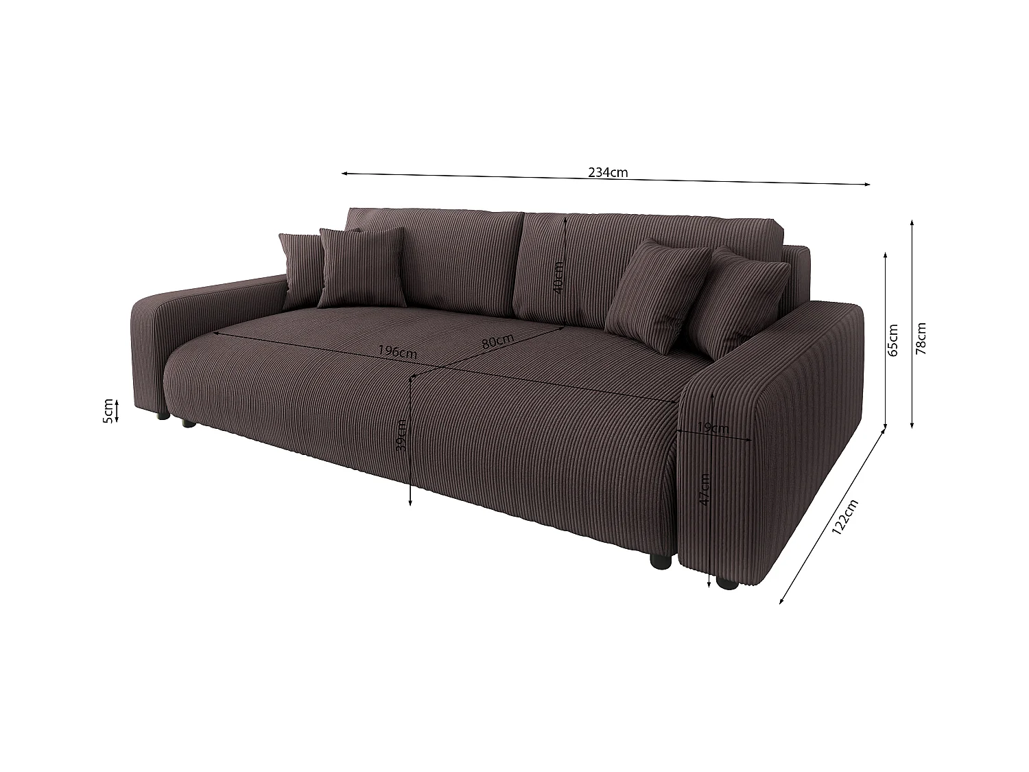 Emma - Sofa mit Schlaffunktion und Bettkasten in Dunkelbraun Cord-Stoff schöner Sitzkomfort