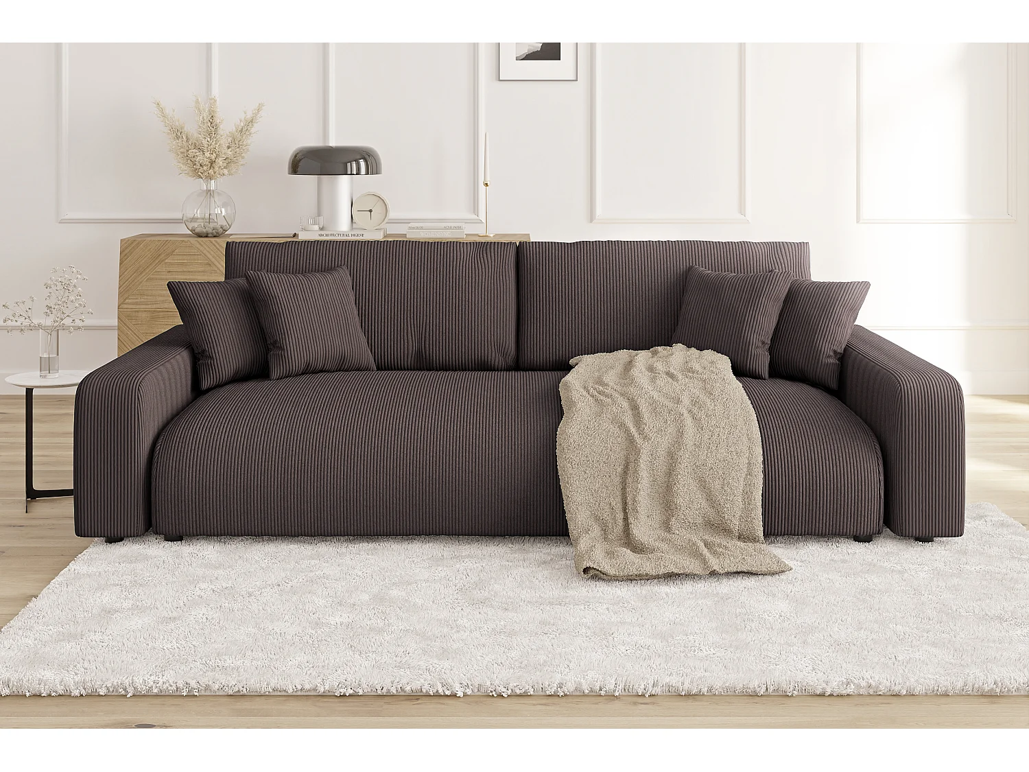 Emma - Sofa mit Schlaffunktion und Bettkasten in Dunkelbraun Cord-Stoff schöner Sitzkomfort