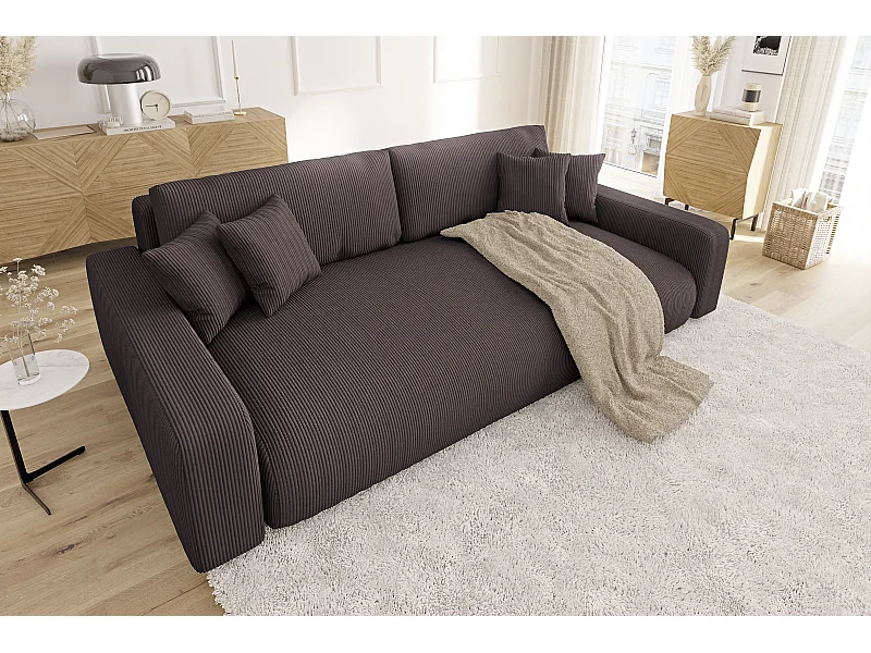 Emma - Sofa mit Schlaffunktion und Bettkasten in Dunkelbraun Cord-Stoff schöner Sitzkomfort