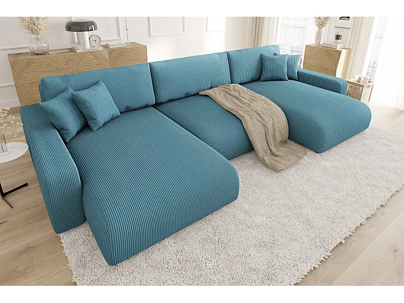 Emma - Wohnlandschaft mit Schlaffunktion und Bettkasten in Türkis Cord-Stoff schöner Sitzkomfort