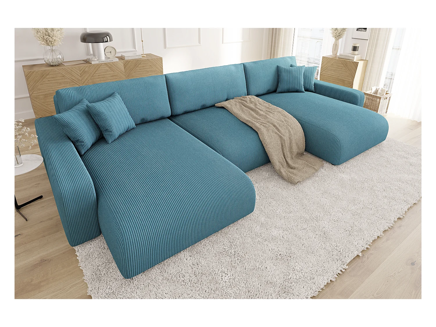 Emma - Wohnlandschaft mit Schlaffunktion und Bettkasten in Türkis Cord-Stoff schöner Sitzkomfort