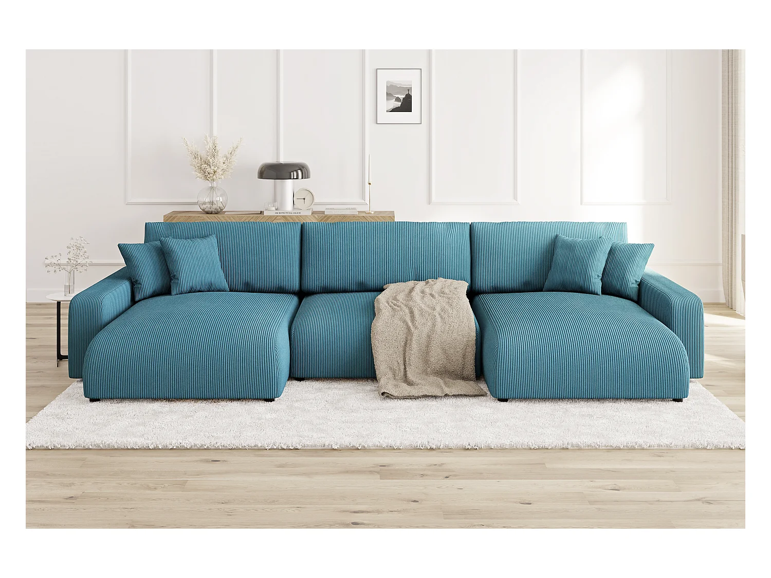 Emma - Wohnlandschaft mit Schlaffunktion und Bettkasten in Türkis Cord-Stoff schöner Sitzkomfort