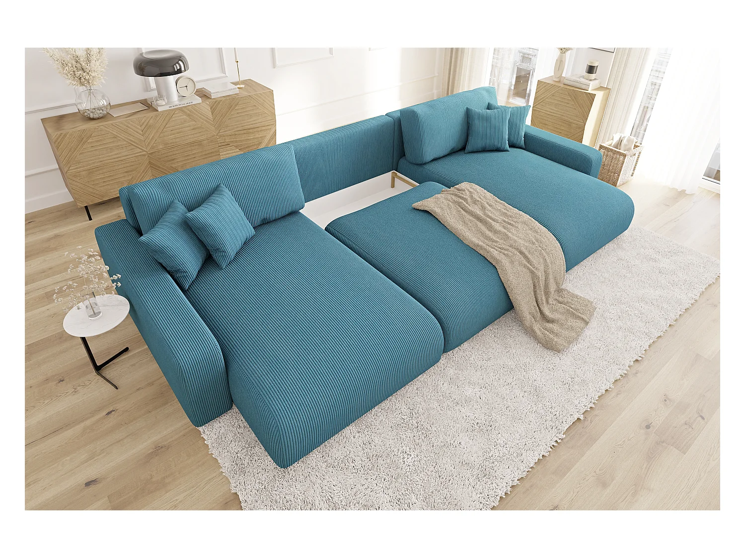 Emma - Wohnlandschaft mit Schlaffunktion und Bettkasten in Türkis Cord-Stoff schöner Sitzkomfort
