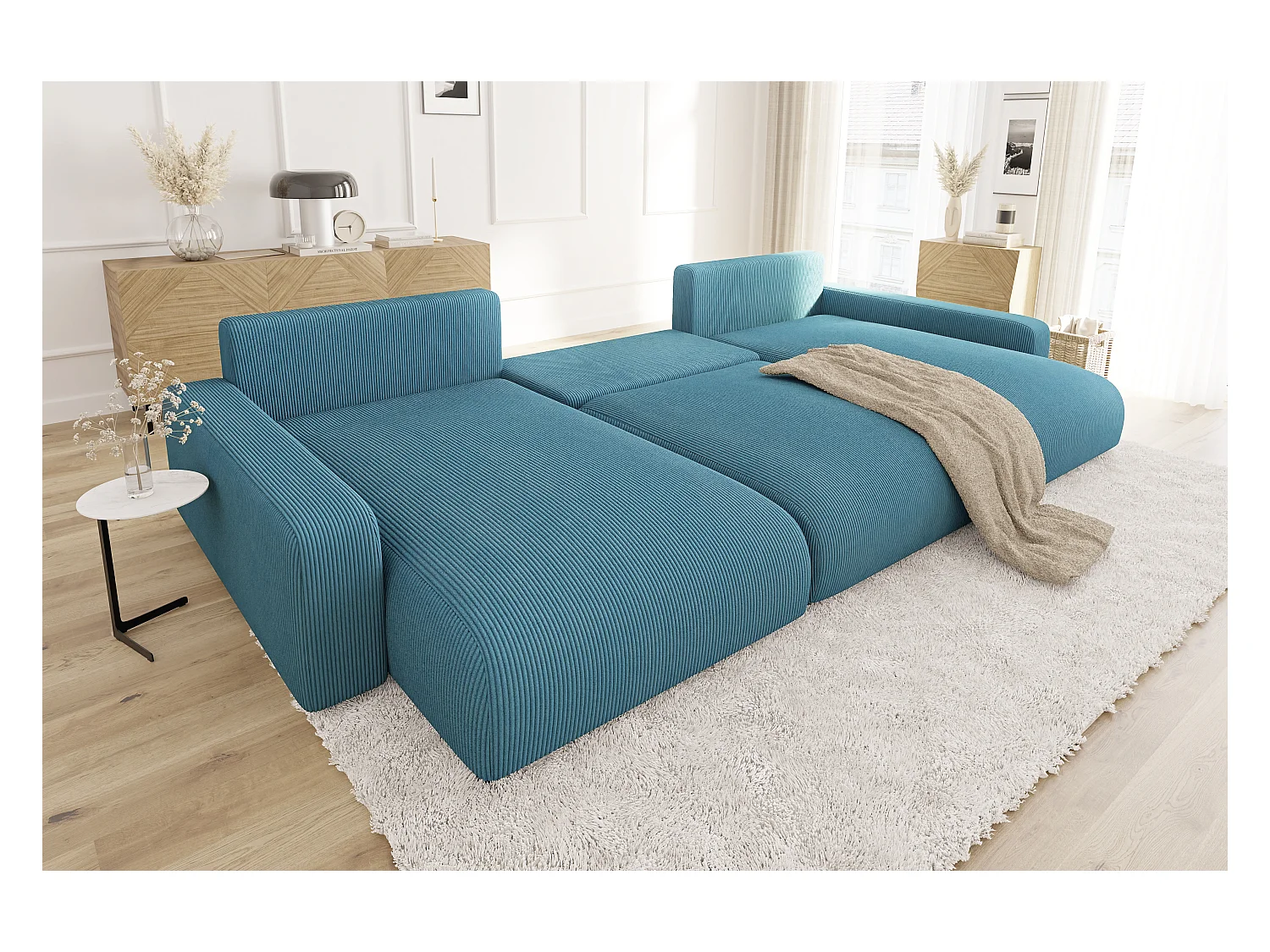 Emma - Wohnlandschaft mit Schlaffunktion und Bettkasten in Türkis Cord-Stoff schöner Sitzkomfort