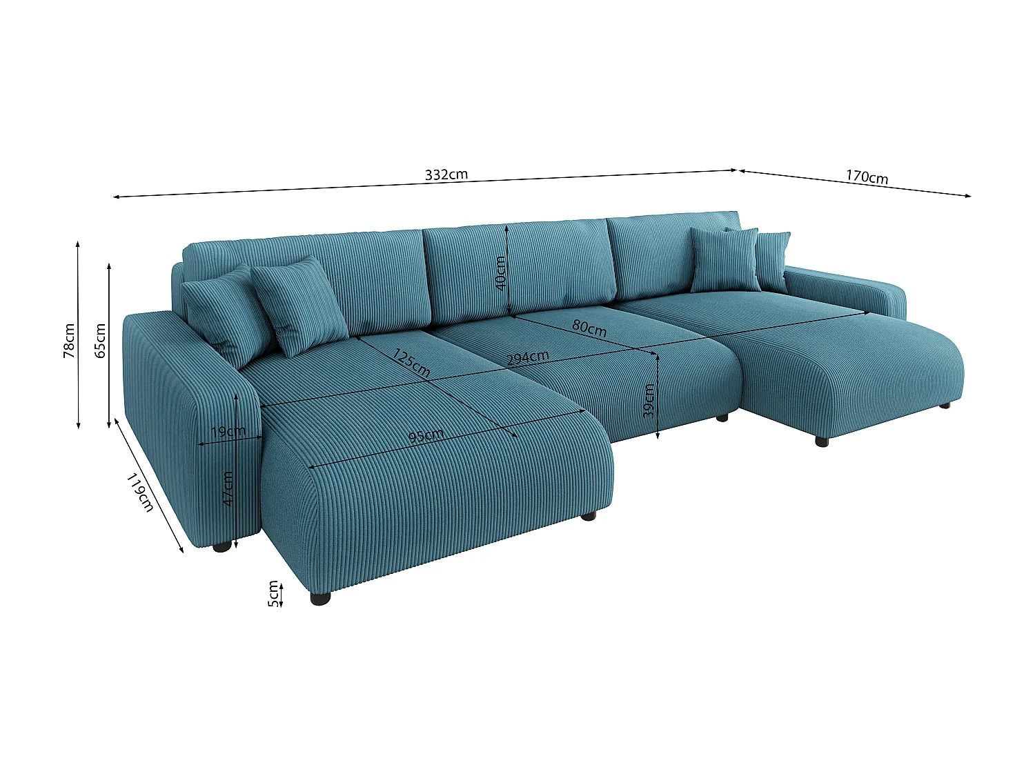 Emma - Wohnlandschaft mit Schlaffunktion und Bettkasten in Türkis Cord-Stoff schöner Sitzkomfort