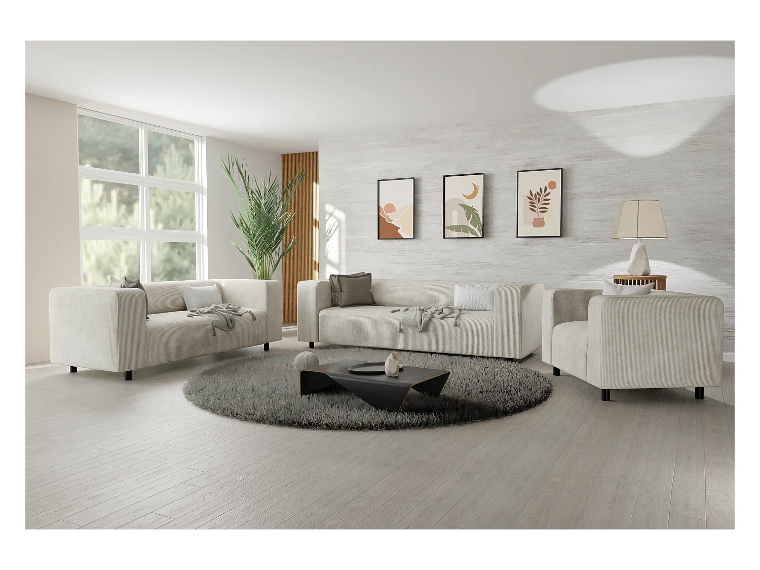 Ensemble de sièges moderne 3+2+1 en velours côtelé beige avec assise confortable THORA