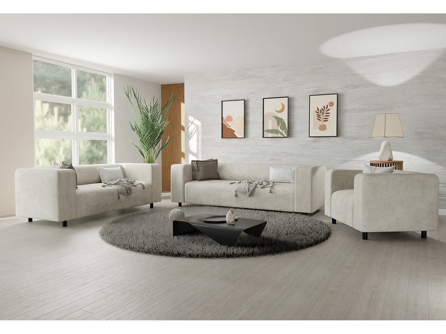 Ensemble de sièges moderne 3+2+1 en velours côtelé beige avec assise confortable THORA