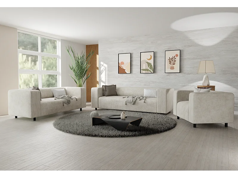 Thora - Modernes Polstergarnitur 3+2+1 aus Beige Cord-Stoff mit bequemem Sitz