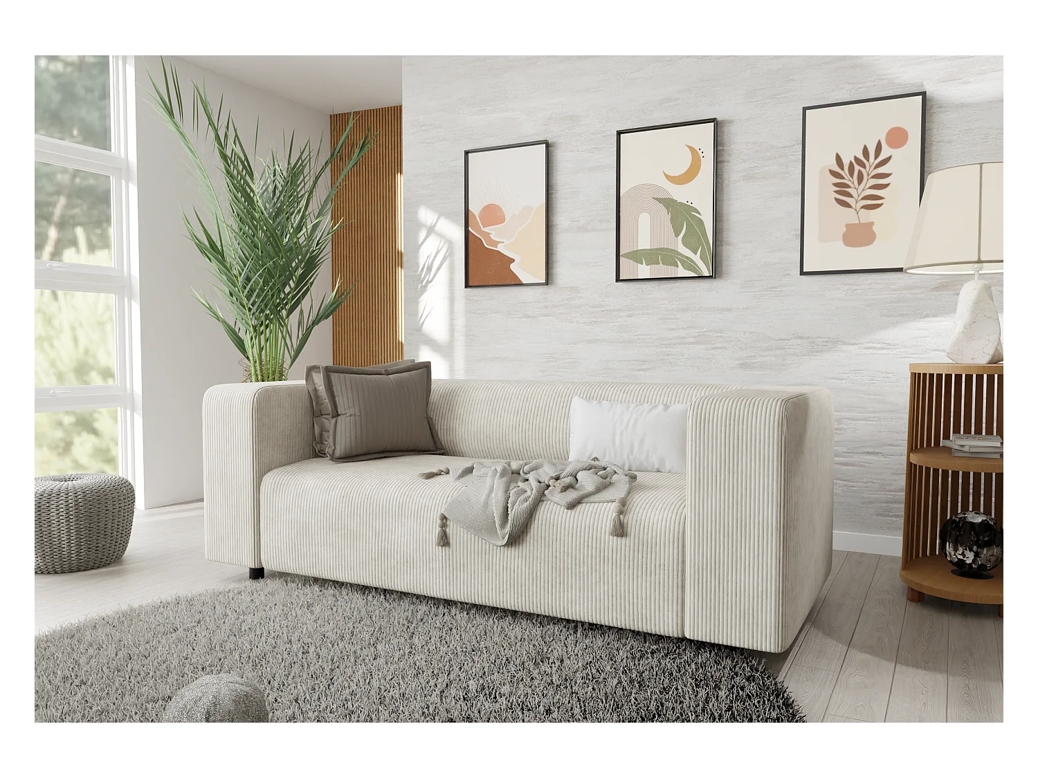 Canapé droit 2 places moderne en velours côtelé beige avec assise confortable THORA