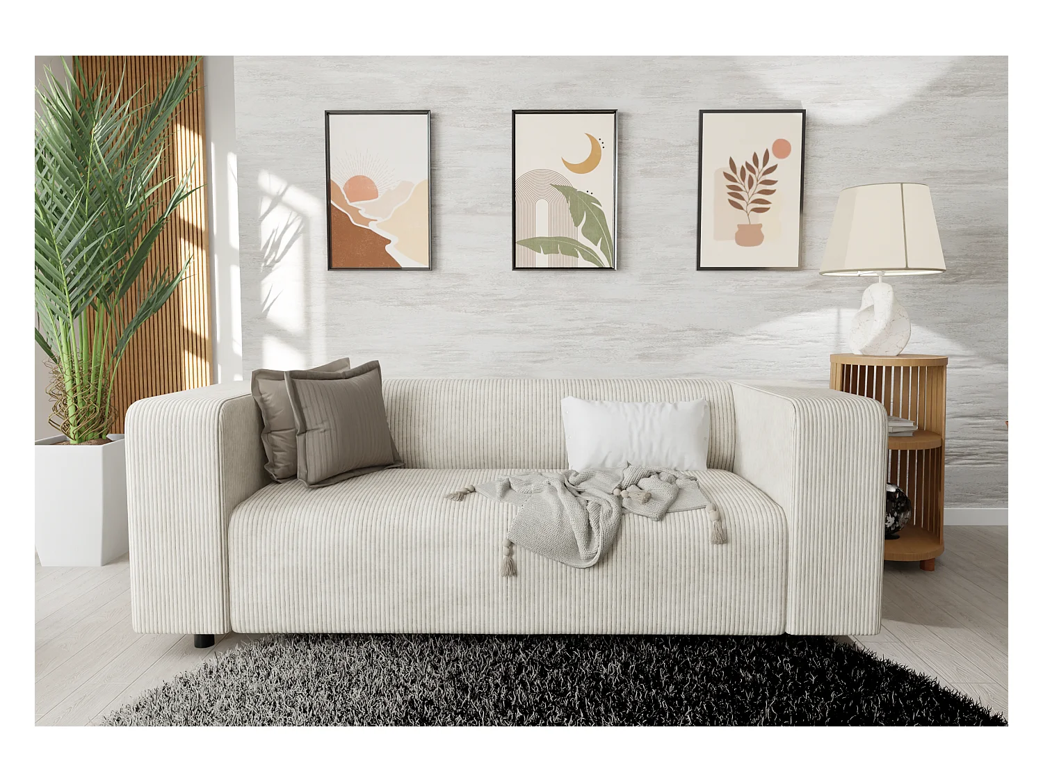 Canapé droit 2 places moderne en velours côtelé beige avec assise confortable THORA