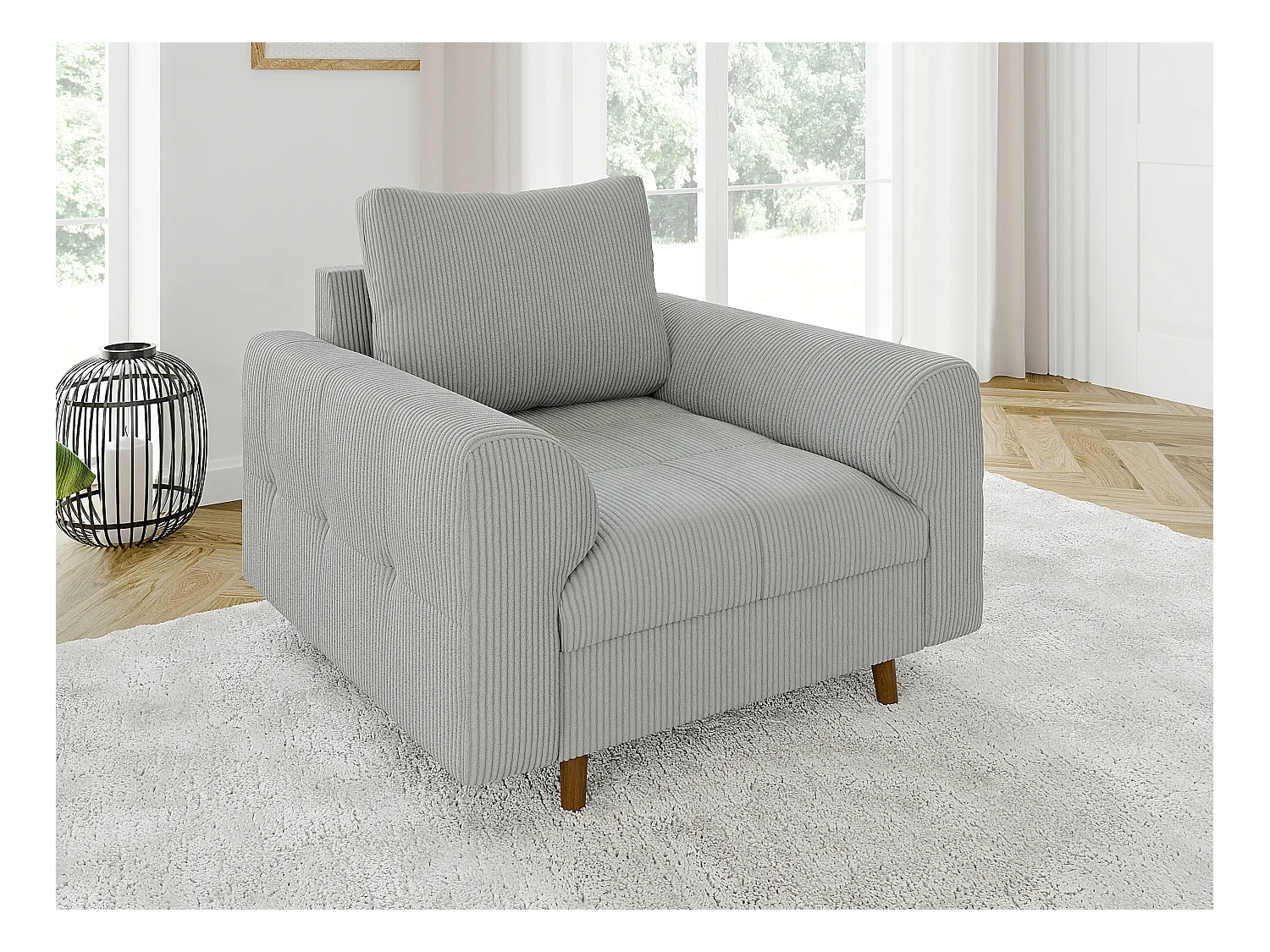 Jasper - Polstergarnitur 3+2+1 mit Braun Holzfüßen im skandinavischen Stil aus Hellgrau Cord-Stoff