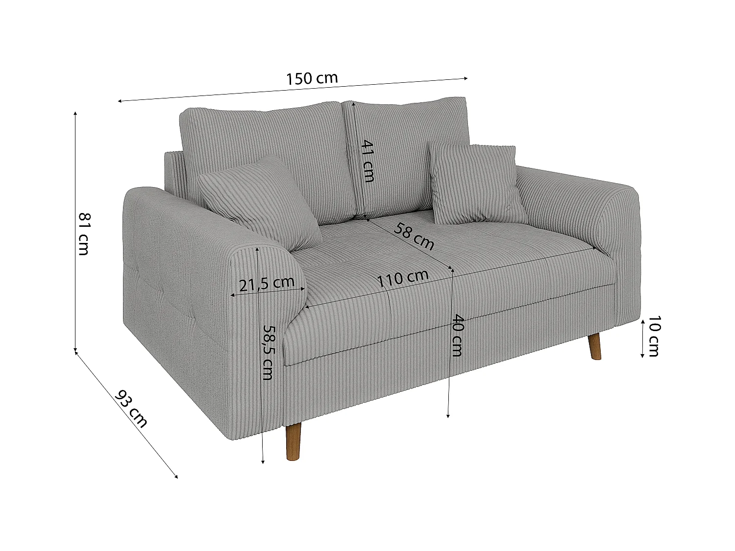 Jasper - Polstergarnitur 3+2+1 mit Braun Holzfüßen im skandinavischen Stil aus Hellgrau Cord-Stoff
