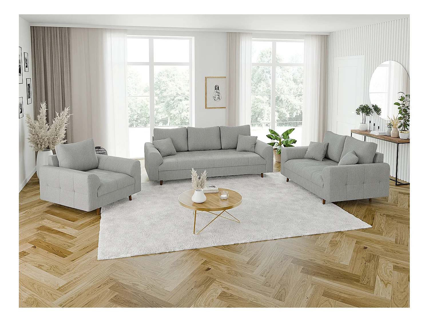 Jasper - Polstergarnitur 3+2+1 mit Braun Holzfüßen im skandinavischen Stil aus Hellgrau Cord-Stoff