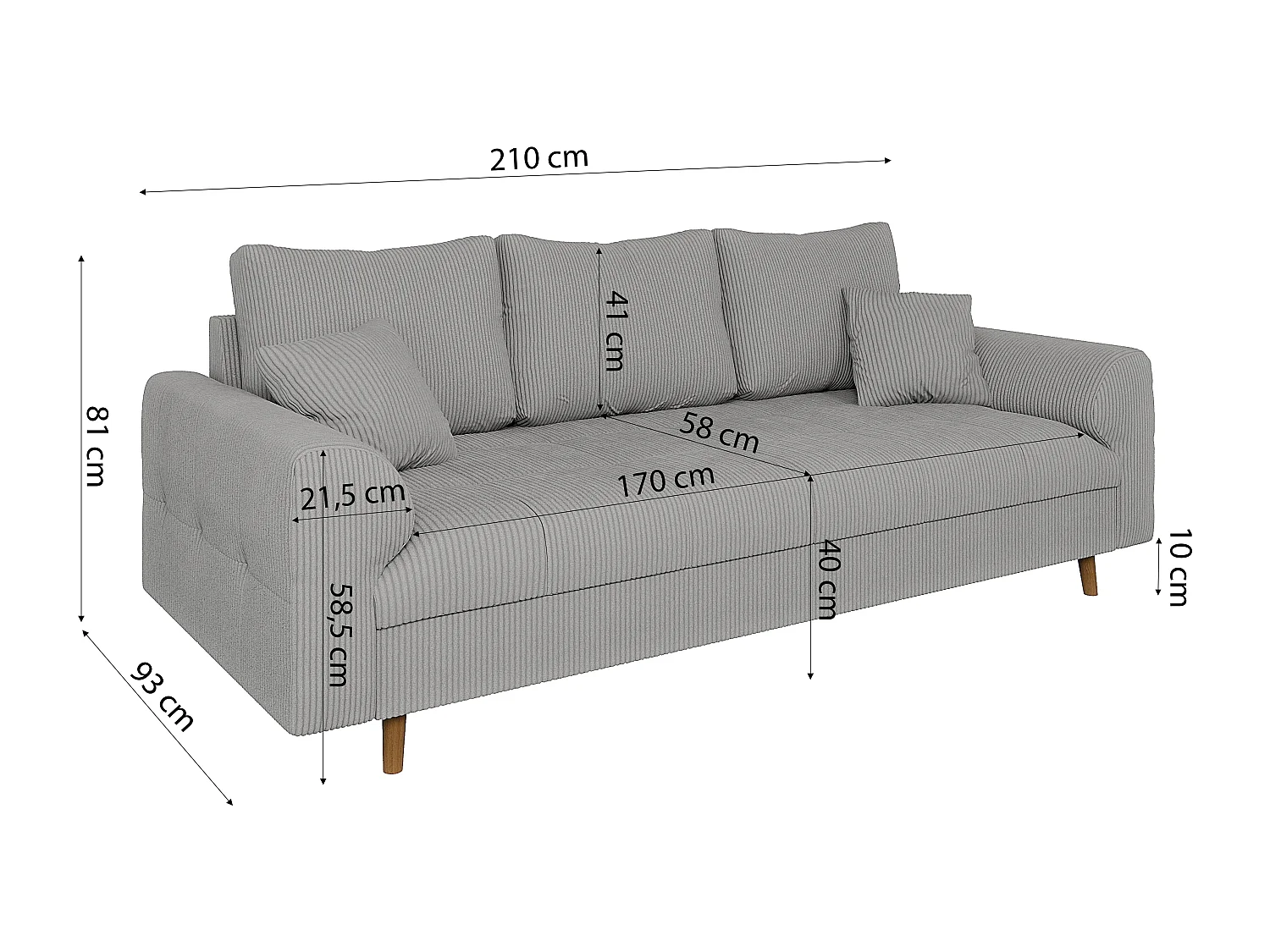 Jasper - Polstergarnitur 3+2+1 mit Braun Holzfüßen im skandinavischen Stil aus Hellgrau Cord-Stoff