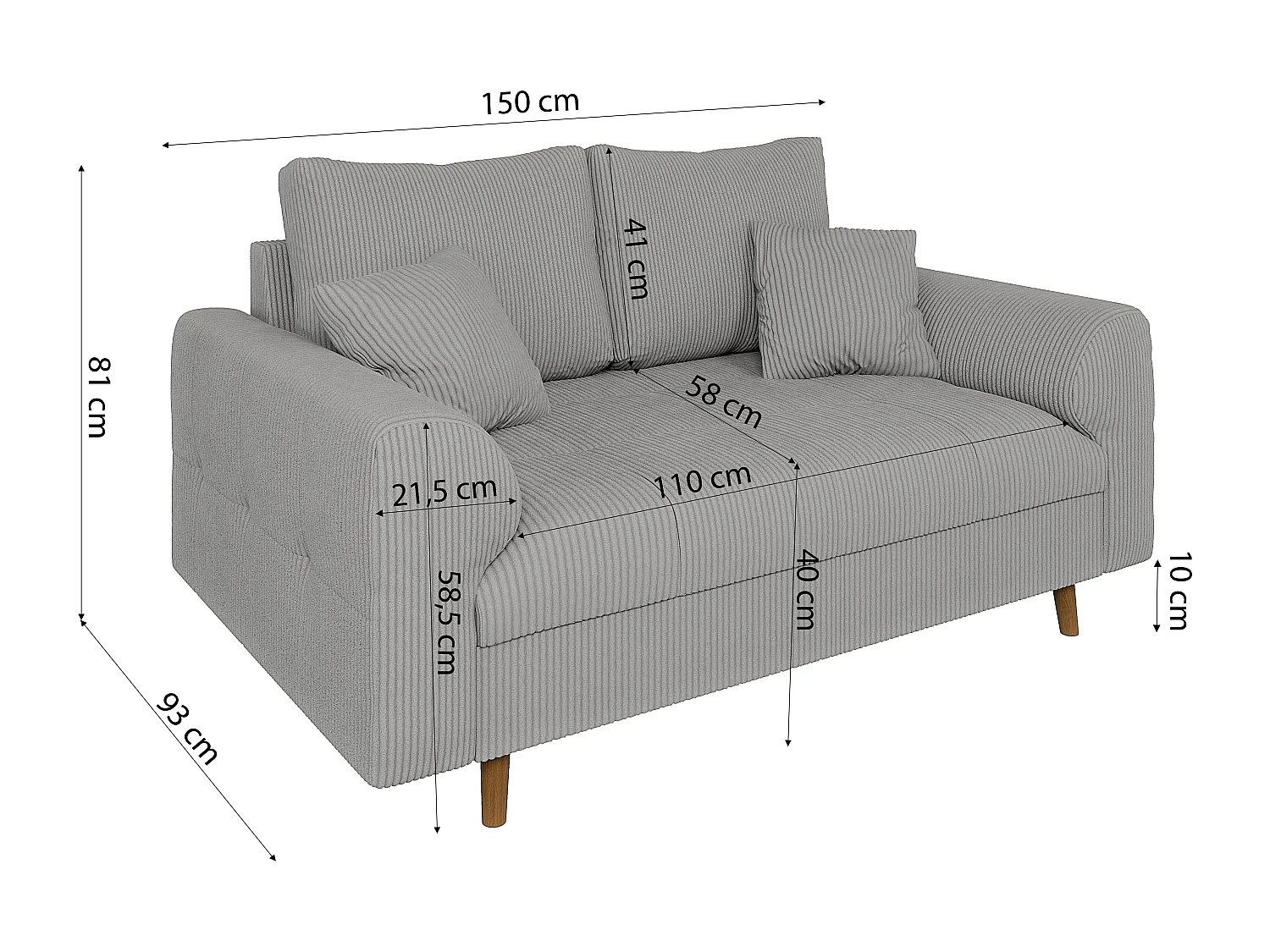 Jasper - Polstergarnitur 3+2+1 mit Braun Holzfüßen im skandinavischen Stil aus Hellgrau Cord-Stoff