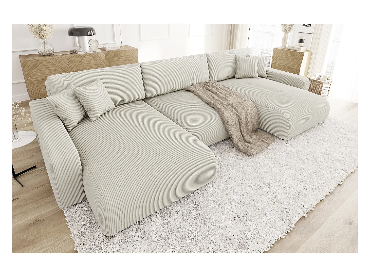 Emma - Wohnlandschaft mit Schlaffunktion und Bettkasten in Beige Cord-Stoff schöner Sitzkomfort