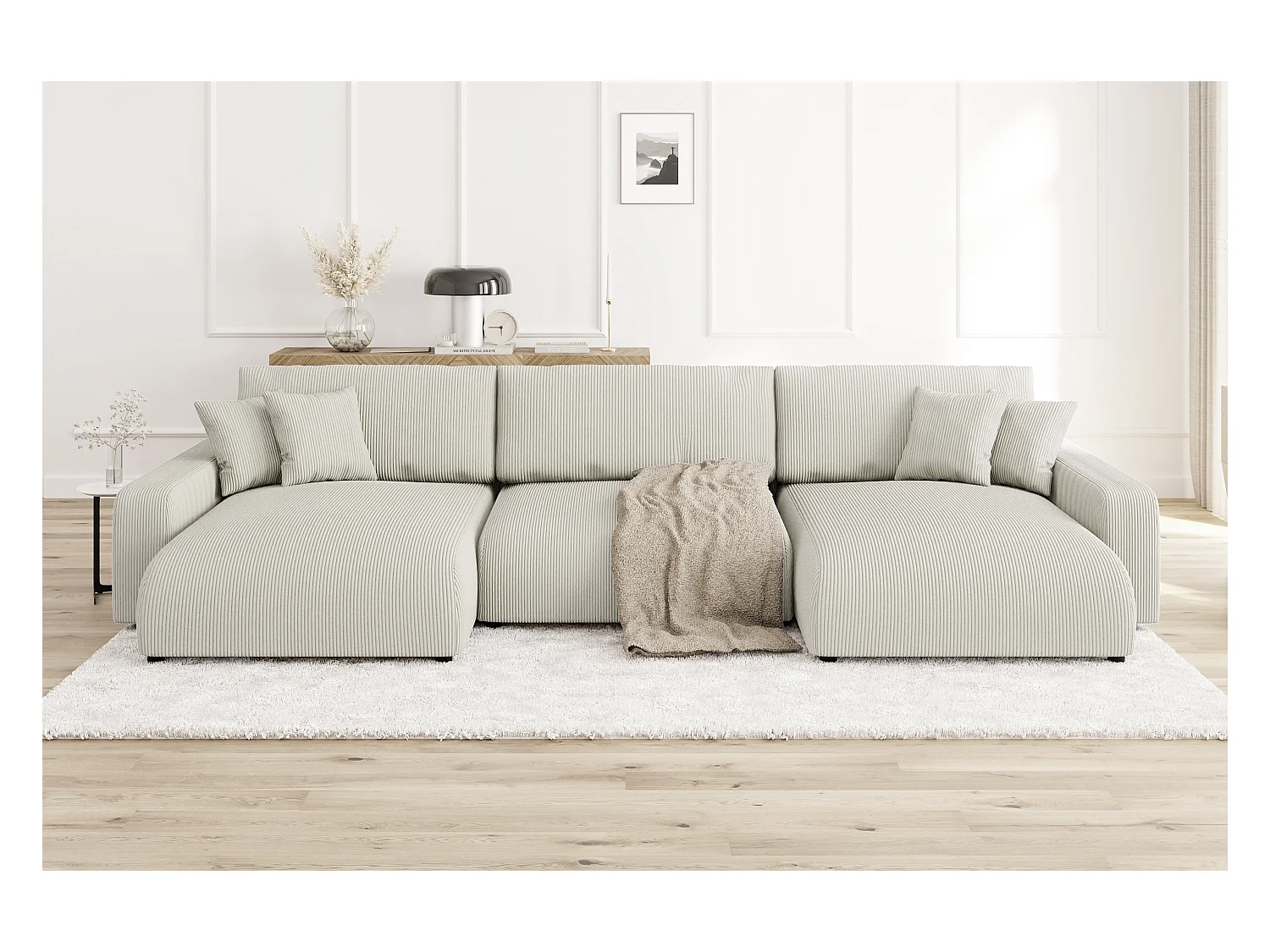 Emma - Wohnlandschaft mit Schlaffunktion und Bettkasten in Beige Cord-Stoff schöner Sitzkomfort