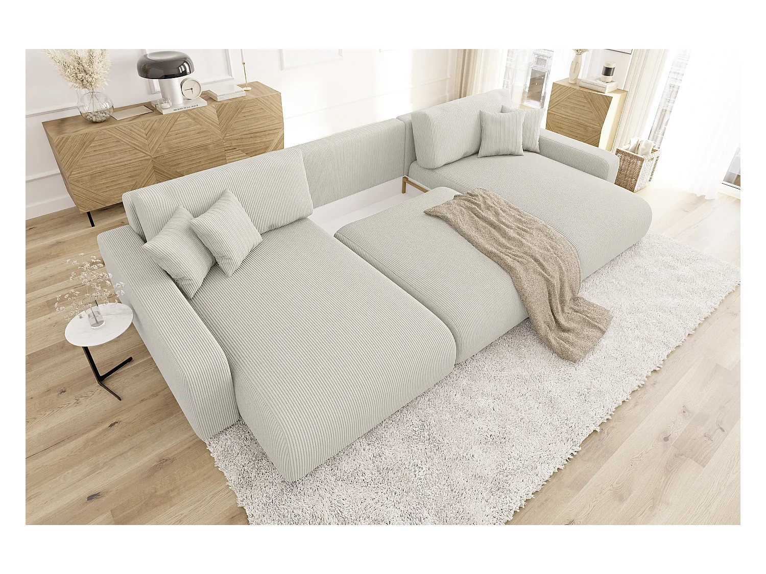 Emma - Wohnlandschaft mit Schlaffunktion und Bettkasten in Beige Cord-Stoff schöner Sitzkomfort