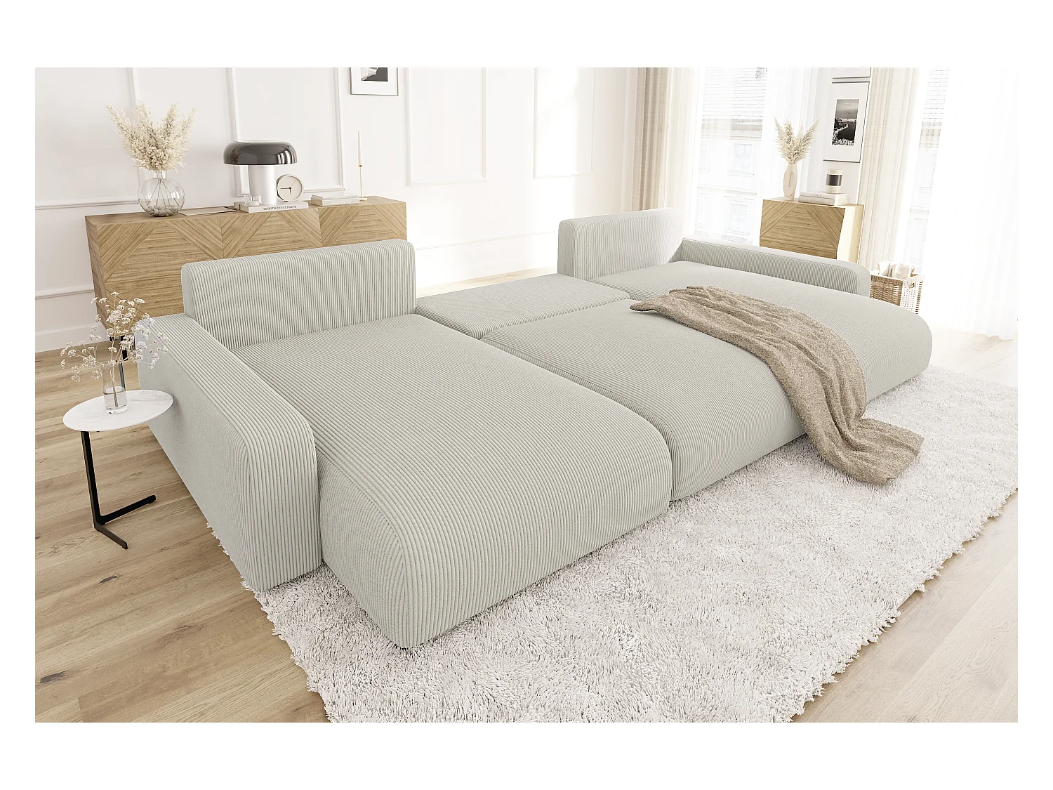 Emma - Wohnlandschaft mit Schlaffunktion und Bettkasten in Beige Cord-Stoff schöner Sitzkomfort