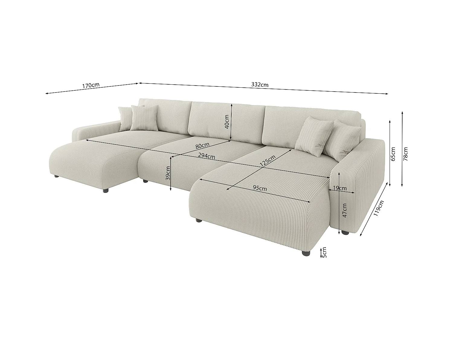 Emma - Wohnlandschaft mit Schlaffunktion und Bettkasten in Beige Cord-Stoff schöner Sitzkomfort